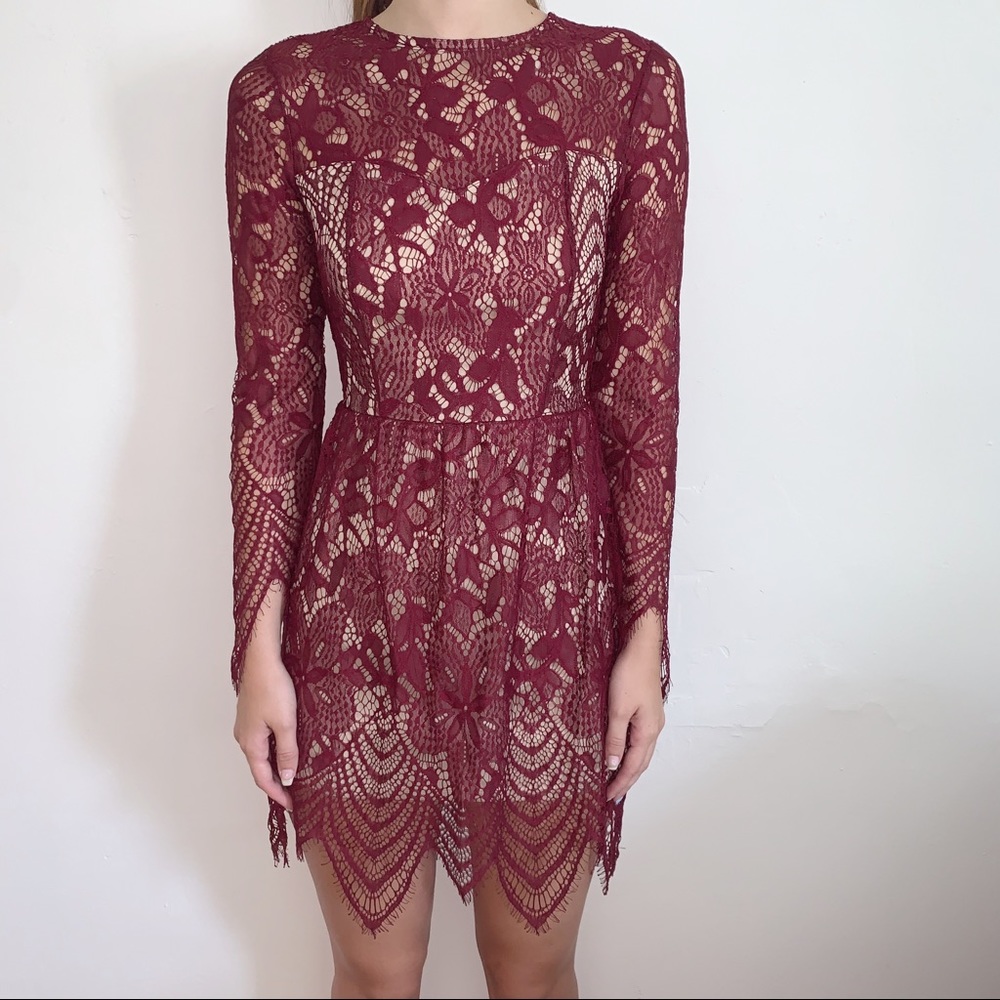 Burgundy lace long sleeve dress